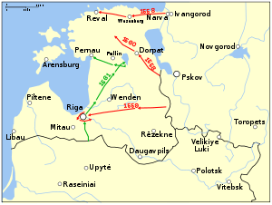 Three Russian campaigns are visible in 1558, 1559 and 1560, all from east to west. One Polish–Lithuanian campaign in 1561 is shown advancing up the central part of Livonia. Refer to the text for details.