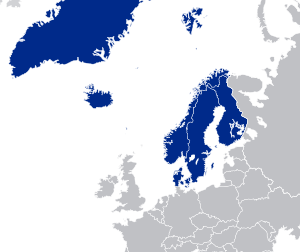 Member states and regions of the Nordic Council (blue).