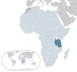 Location of  Tanzania  (dark blue)in Africa  (light blue subregion=the African Union)