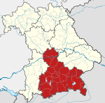 Map of Bavaria with the location of Upper Bavaria highlighted