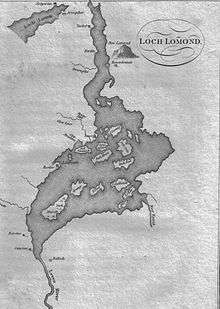 A black and white map showing the sinuous shape of Loch Lomond, which contains numerous islands in the southern portion.
