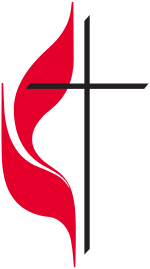 United Methodist Church logo - flames licking around a simple black cross