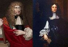 A split portrait of John Berkeley (left) and George Carteret (right).