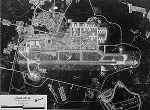 Aerial image of Loring Air Force Base, in black and white