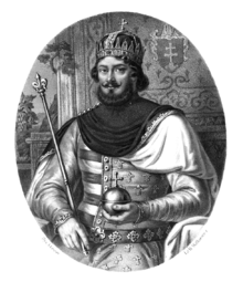 A bearded man wearing a crown sits on a throne