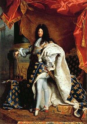 Portrait of Louis XIV of France, standing, wearing an ermine robed faced with fleur-de-lis