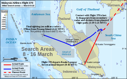 A bathymetric map of Southeast Asia with the known flight path of Flight 370 shown.