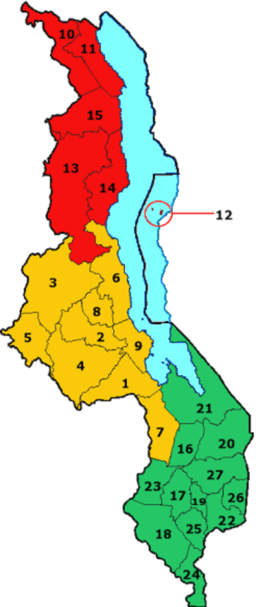 A clickable map of Malawi exhibiting its 28 districts.