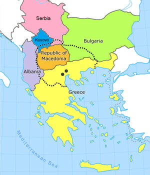 Map of the Balkan peninsula depicting approximate extent of the Macedonian region with borders of modern countries and the former capital cities of ancient Macedonia near the coast