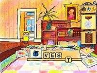 A young girl with red hair and yellow clothing is shown standing in the door frame of a room. A card showing a vest can be seen next to wooden tiles that spell out the word "vest". Three medal icons (a bronze, a silver, and a gold medal) are shown in the top right-hand corner.