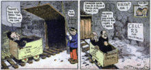 In two comic strip panels, two men obsessively in search of fresh air are led to an insane asylum, where they are locked away.