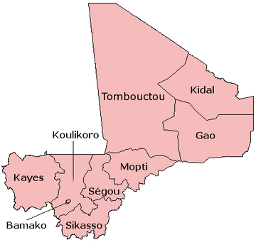 A clickable map of Mali exhibiting its eight regions and capital district.