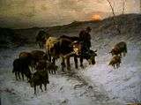Painting by Mali, Winter evening after the cattle market