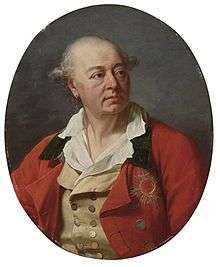 Oval portrait of a man in a red  coat wearing the Order of Saint Hubert, a star with red enamel.