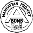 Circular shaped emblem with the words "Manhattan Project" at the top, and a large "A" in the center with the word "bomb" below it, surmounting the US Army Corps of Engineers' castle emblem