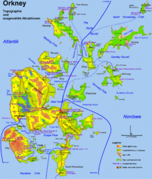  A map of the Orkney archipelago showing topography and main transport routes. A small island with a high elevation is at south west. At centre is the largest island, which also has low hills. Ferry routes spread out from there to the smaller islands in the north.