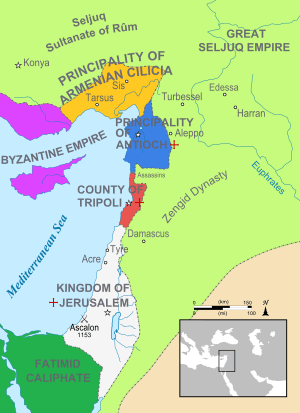 Four crusaders states surrounded by Moslim states, and the Byzantine territories in Asia Minor