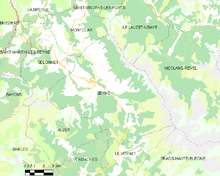A basic map showing the boundaries of the town , neighboring municipalities, vegetation zones and roads