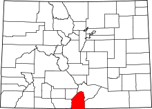 Map of Colorado highlighting Costilla County