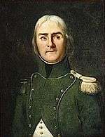 Painting of a man with light-colored hair and dark eyebrows wearing a blue military uniform in 1792.