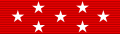 A scarlet ribbon with 7 white 5 pointed stars