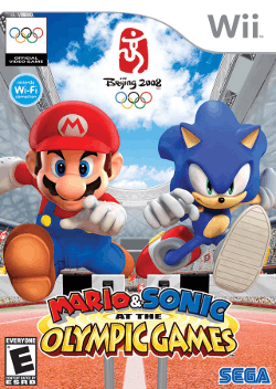 Image of Mario and Sonic jumping over a hurdle within a renderization of Beijing National Stadium