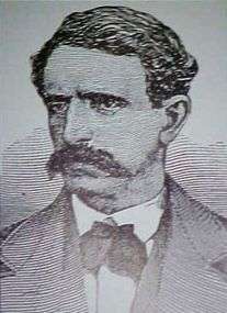Sketch of a white man with a wide mustache and dark wavy hair, wearing a suit and bowtie.