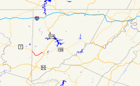A map of far western Maryland showing major roads.  Maryland Route 39 connects Oakland with West Virginia Route 7.