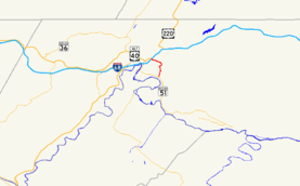 A map of central Allegany County, Maryland showing major roads.  Maryland Route 639 connects MD 51 with I-68 on the east side of Cumberland.