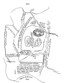 A crude pen-and-ink map showing three islands in a lake. Handwritten text is scrawled in various places on the map. West is written at the top and east at the bottom.Laguna de Terminos is written at the bottom. One of the islands has text saying "great island or cayo". A road is drawn heading toward the right-hand of the page. It is labelled as the road from Verapaz. Small scattered circles drawn around the top end of the lake are marked as farms of the Itzas. One patch is named as Yolom. The words "Great Mountains" are written to the top left; a note is written that says "Here we lost ourselves and traversed all these mountains until we came to where they were seeking for us." A label at the left-hand edge says "Mountains of Yucathan". Towards the bottom left there is another note saying "From Merida in north to Itza in south there are 150 leagues." Usumacinta River is written along the right-hand edge. Beyond this is written "Great Mountains of Limestone." A note at the bottom explains "Road of this province of Guatem. I warn that all this is not correct, but I can only put down these villages and stations of the region according as they were shown and pointed out when I asked the Itzas about nations and places."