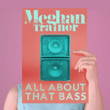 A portrait of a woman posing in front of a pastel pink backdrop, wearing a light blue sleeveless top. She holds a picture that hides her face. On the picture is an image of two speakers. Above the speakers in green font stands the name, Meghan Trainor. Below it in the same font stands the title "All About That Bass".