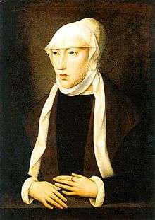 portrait of a thin woman in brown clothing and a tan head covering