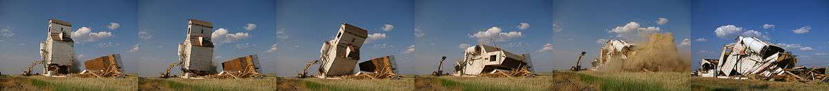 Sequence of images depicting demolition of the last grain elevator in Mendham, Saskatchewan, June 2009