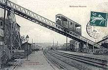 A sepia picture-postcard taken from a station platform, railway tracks running into the distance. Across the picture, an inclined elevated section (the funicular) runs, with a railcar midway along it.