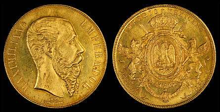 Maximilian I of Mexico depicted on a 20-peso gold coin (1866)