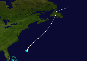 The path of a hurricane, it starts about half between Bermuda and the Bahamas, races toward Newfoundland and quickly becomes extratropical
