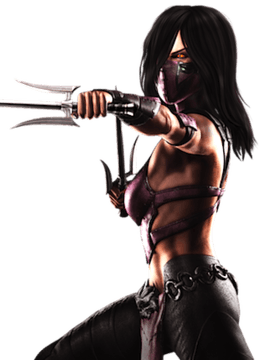 This image shows a large-chested, black-haired masked female with shoulder-length, disheveled black hair and all-yellow eyes. She is seen from the waist up wearing a skintight magenta outfit with a gold brassiere, and is wielding two sai with one partially cropped from the image.
