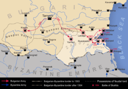 A map of a part of the eastern Balkans detailing Byzantine and Bulgarian military activity in the early 14th century