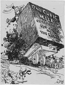 A horse-drawn wagon dumps a large cube of soil into the Mississippi River.  The cube is labeled "One cubic mile of the richest top soil in the world." On top of the soil is an old top-hatted and bearded man with a shovel, labeled "Old Man Carelessness."  A sign on the left shows the soil is on its way to the Gulf of Mexico. Also on the left are a group of men representing the U.S. Flood Commission, witnessing the dumping while another old top-hatted and bearded man is trying to get the group's attention by jumping up and down and pointing to the dump truck.