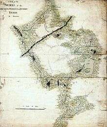 This manuscript map shows the highland area that Arnold had to cross.  Montresor's route is traced, being roughly similar to Arnold's eventual route traversing the Kennebec, Dead, and Chaudière Rivers.