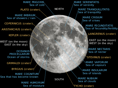 Lunar nearside with major maria and craters labeled