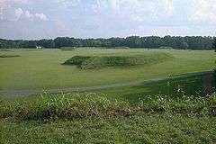 A view of the Moundville Archaeological Site from the top of Mound B looking toward Mound A and the plaza.