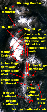 Image showing the location of a north-south trending zone of related volcanoes and local landscape.