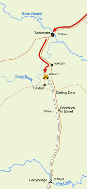 The Yorkist army moved north towards Towton, engaging in the Battle of Ferrybridge on 28 March and reaching Sherburn-in-Elmet on the same day. The Lancastrians moved southwards through Tadcaster. Both arrived at Towton on 29 March.