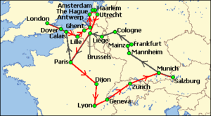  Simplified chart of a sector of western Europe and southern England. A green arrowed line shows the party's outward journey from Salzburg to London via Mannheim, Cologne, Liege, Brussels and Paris. A red line indicates the return via the Netherlands, Paris, Lyons, Geneva and Zurich.