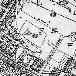 Ordnance Survey map showing football ground with housing to west and south and farmland to north and east