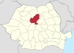 Administrative map of Romania with Mureș county highlighted