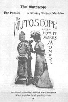 An 1899 advertisement for the mutoscope reading "The Mutoscope and how it makes money" in large stylised letters with "for pennies, a moving picture machine, popular in all public places" in smaller lettering around a central picture. In the image, a lady wearing a long early 20th century dress and hat peers down the mutoscope viewfinder.