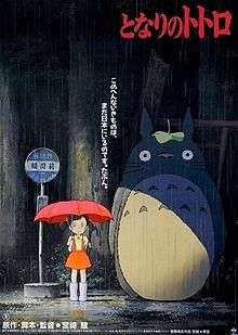 A girl is near a bus stop on a rainy day holding her umbrella. Standing next to her is a large furry creature. Text above them reveals the film's title and below them is the film's credits.