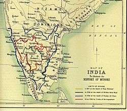 On a map of south India are shown the shifting boundaries of Mysore over time; these show it expanding from 1617 to 1704 and even more in 1782, but contracting somewhat in 1799.